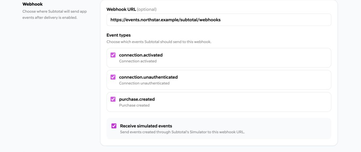 Northstar Rewards Sync partner webhook URL, event types, and simulated event setting