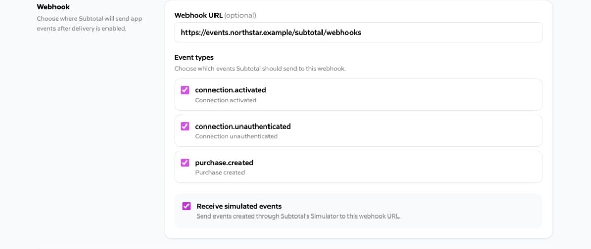 Northstar Rewards Sync partner webhook URL, event types, and simulated event setting