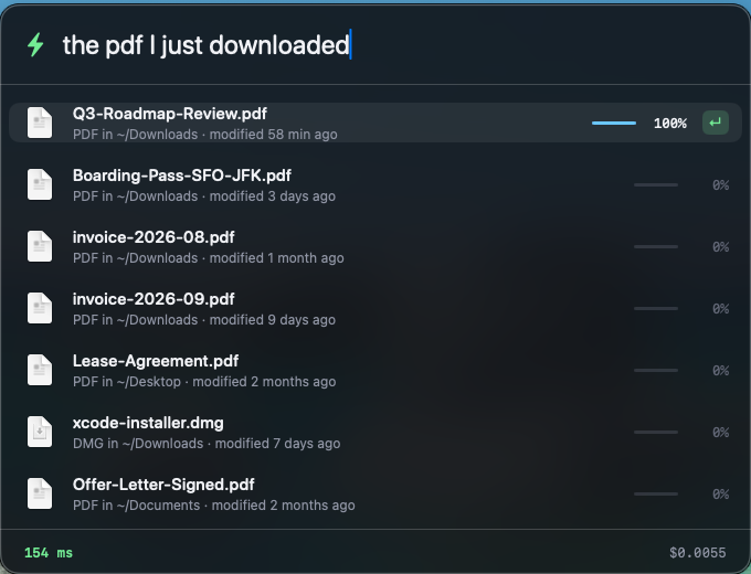 dabit3/launcher: typing 'the pdf I just downloaded' ranks the newest PDF top at 100% confidence in 154 ms