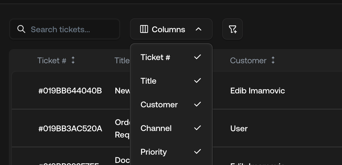 Screenshot of column visibility