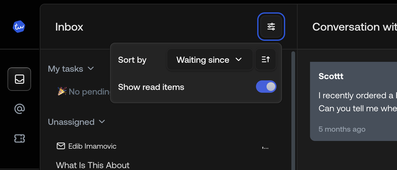 Screenshot of inbox sorting and filtering