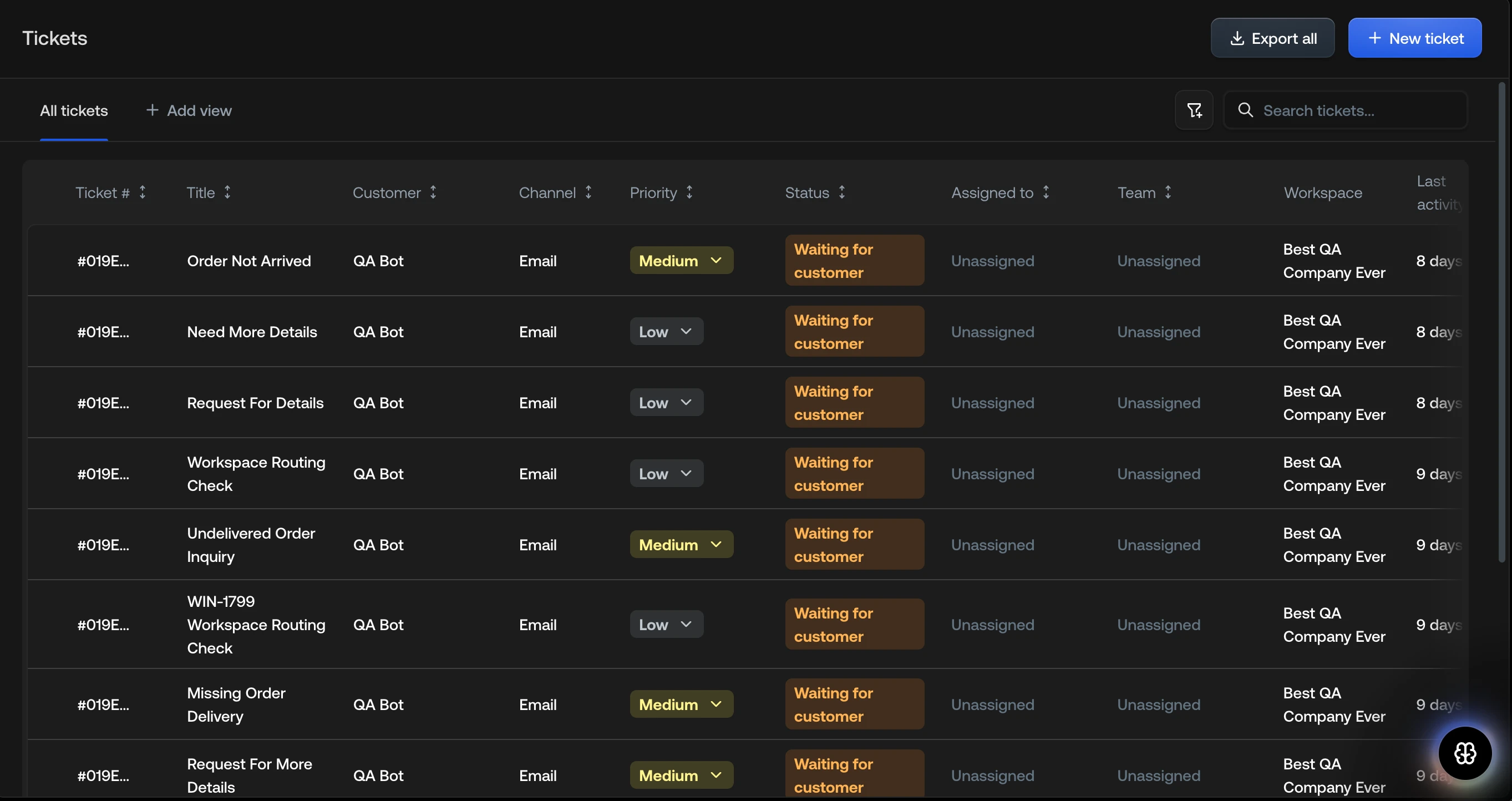 Screenshot of all tickets view