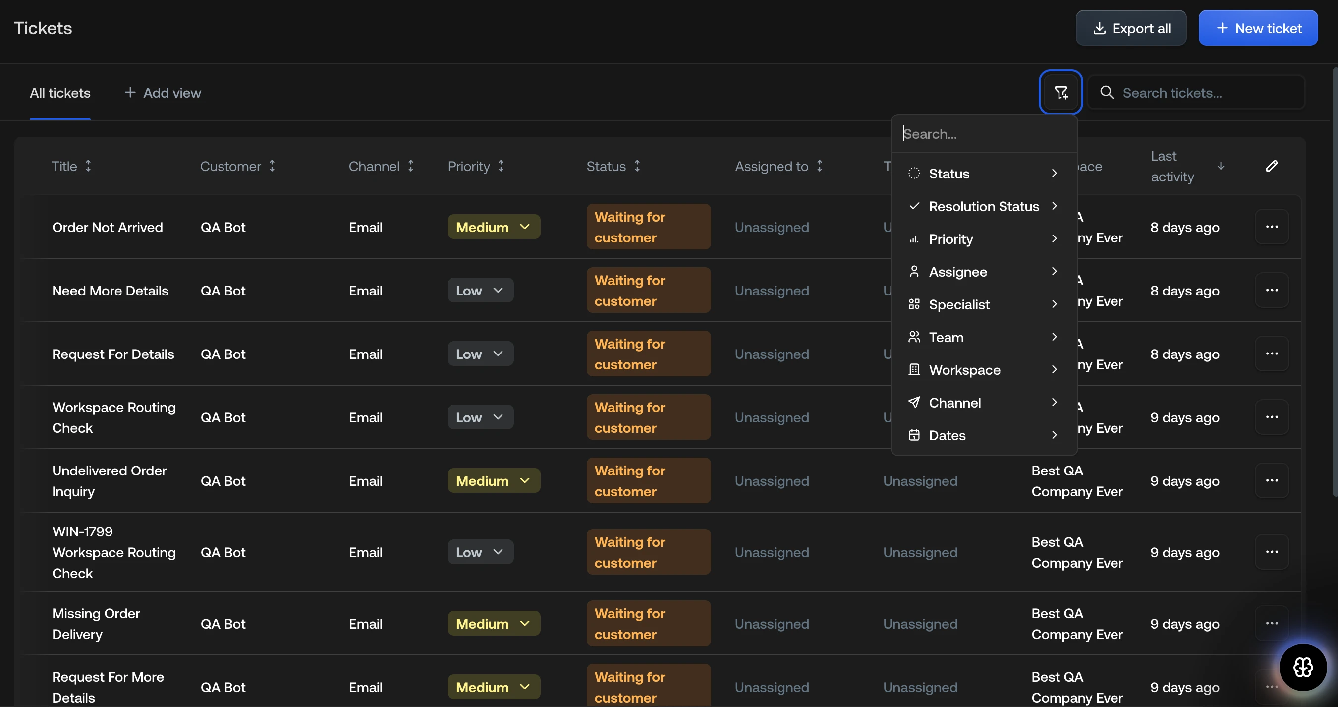Add filter menu with Workspace