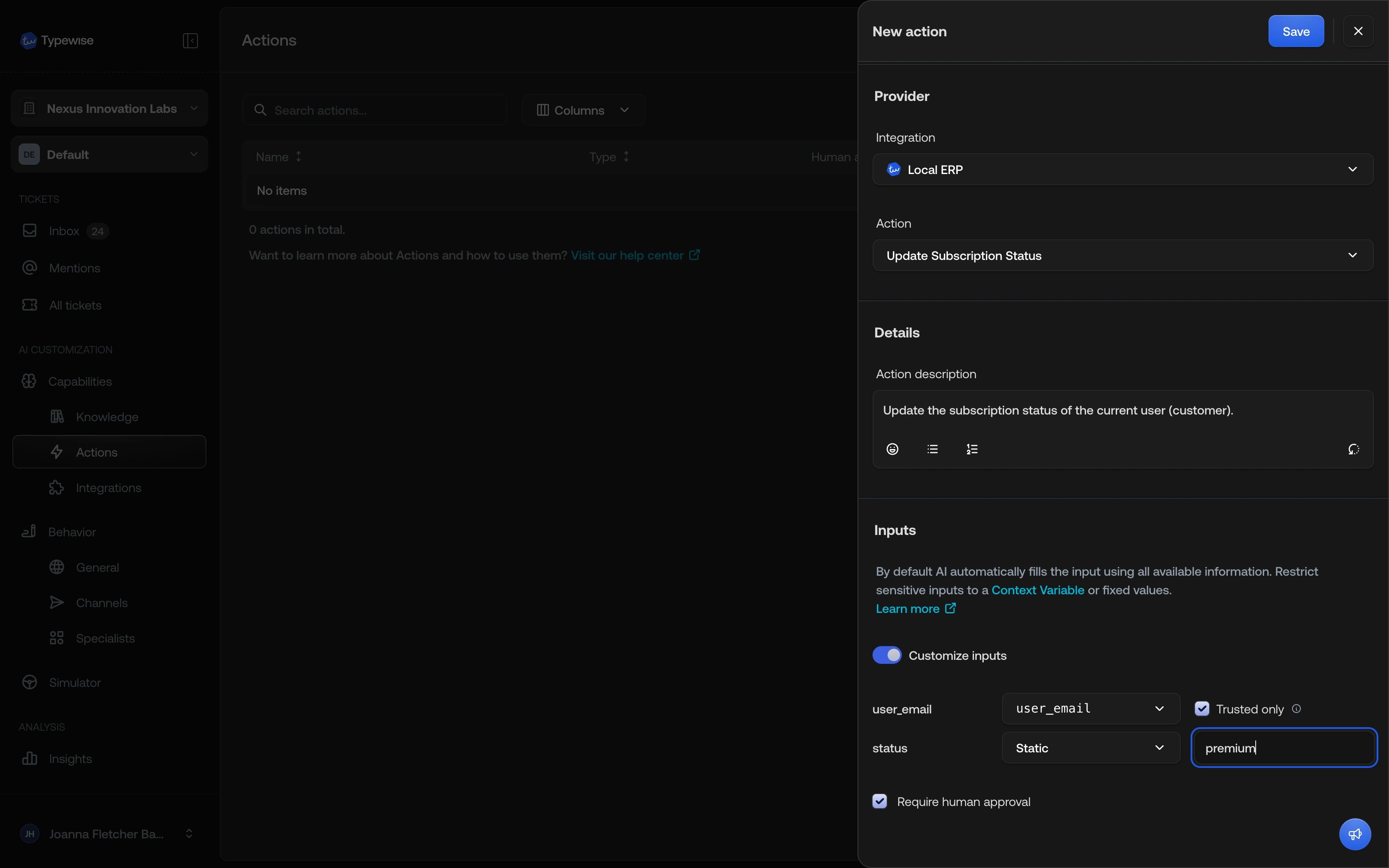 Customize inputs on an action: source picker plus the Trusted only check