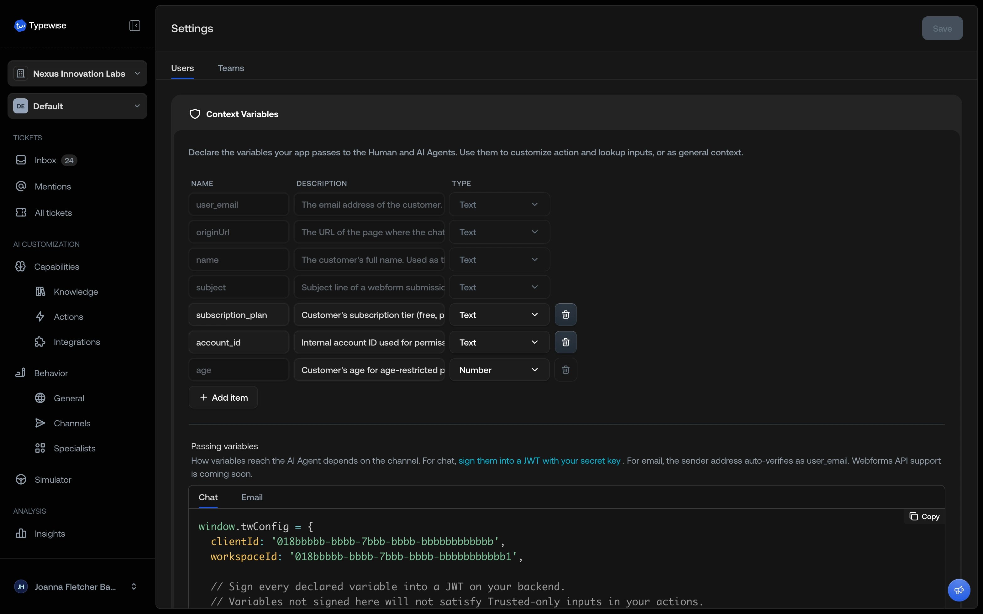 Context Variables settings with built-in and custom declared variables