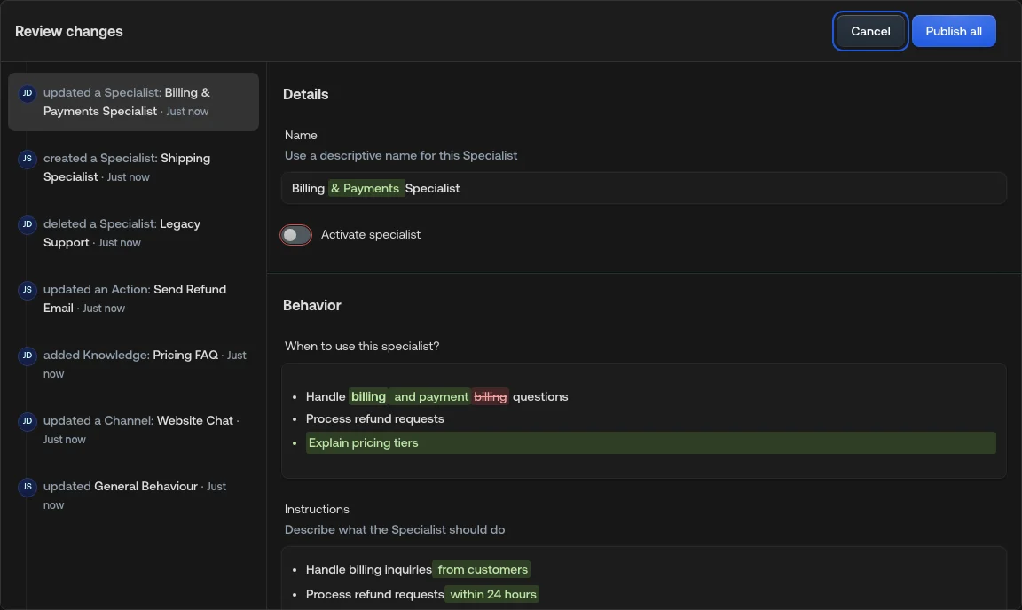 Review changes dialog with the list of pending changes on the left and the selected entity with diffs on the right