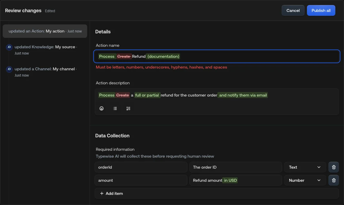Review dialog with an inline edit applied and an Edited indicator in the title