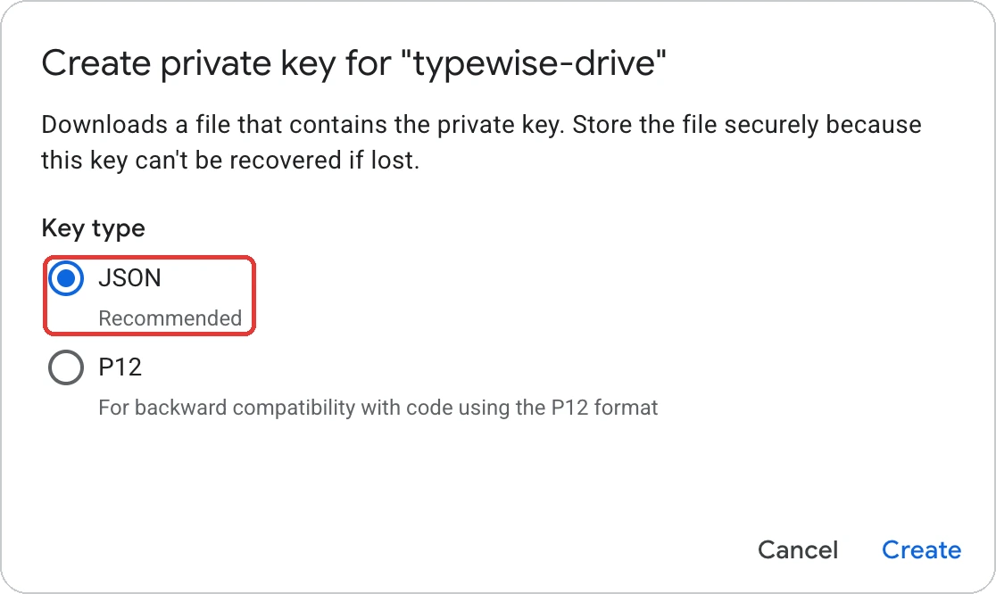 Create private key dialog with JSON selected