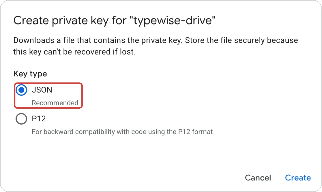 Create private key dialog with JSON selected