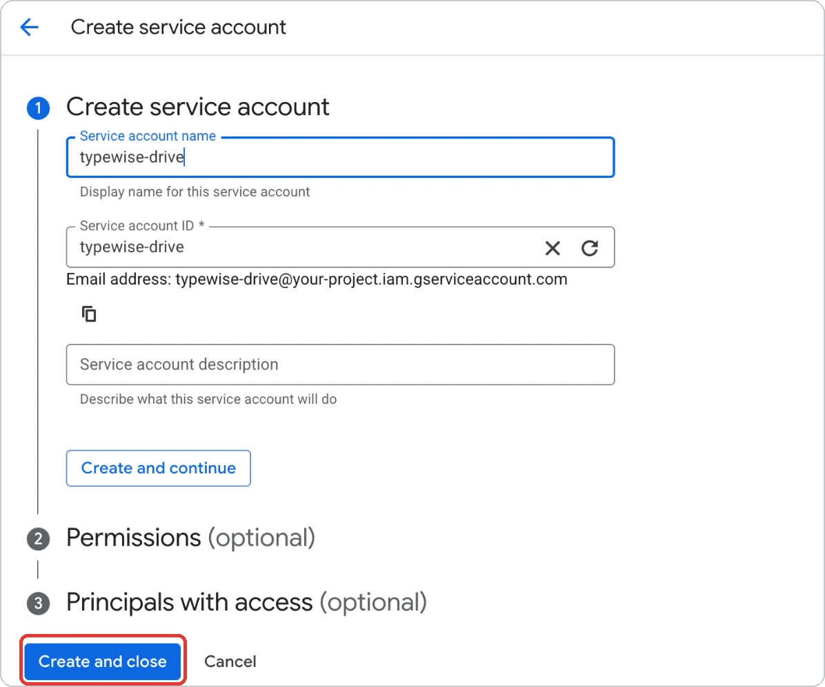 Create service account form with a name entered