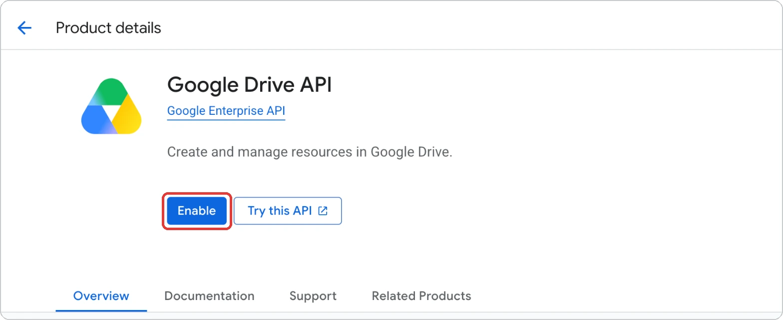 Google Drive API page with the Enable button