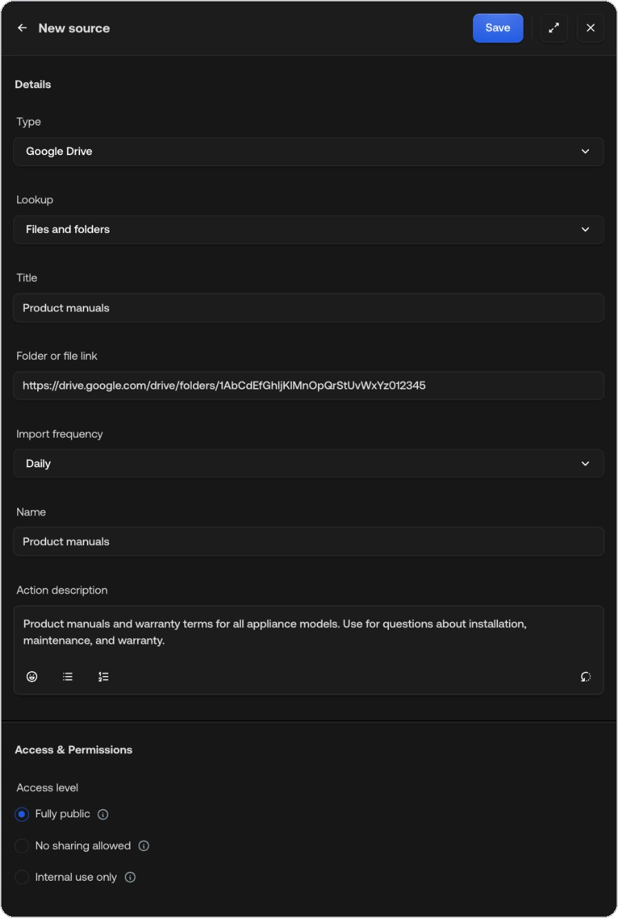 New source form filled in for a Google Drive folder