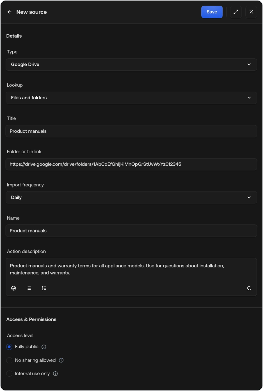 New source form filled in for a Google Drive folder