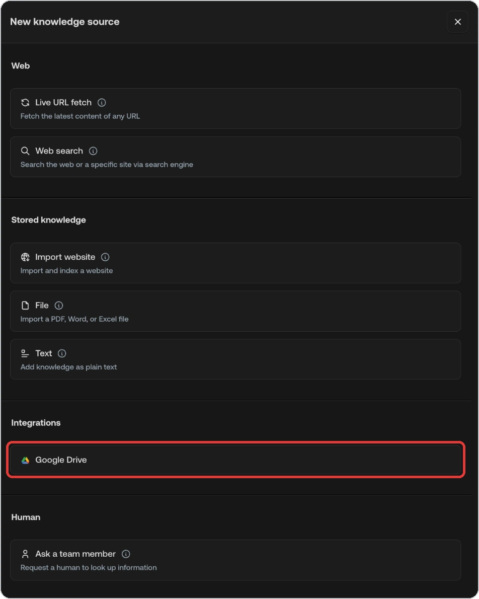 New knowledge source panel with Google Drive under Integrations