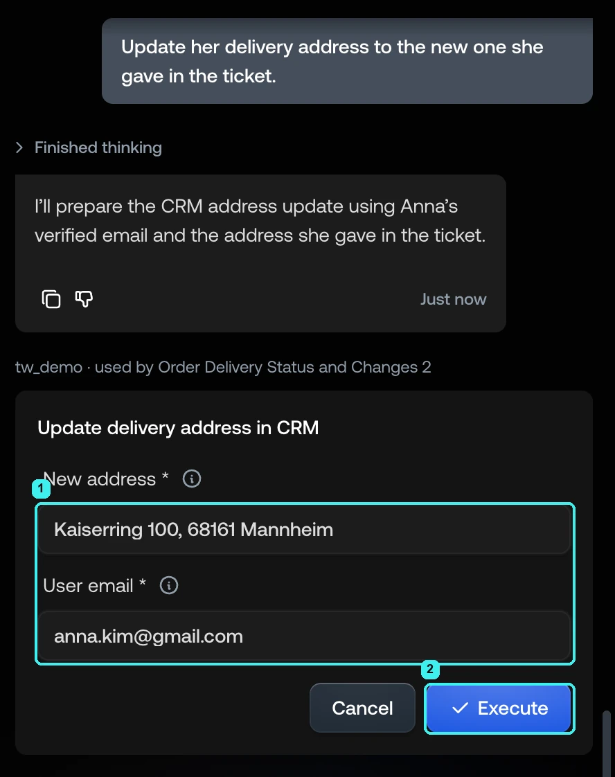 An action form in the Nova panel with prefilled fields, Execute, and Cancel