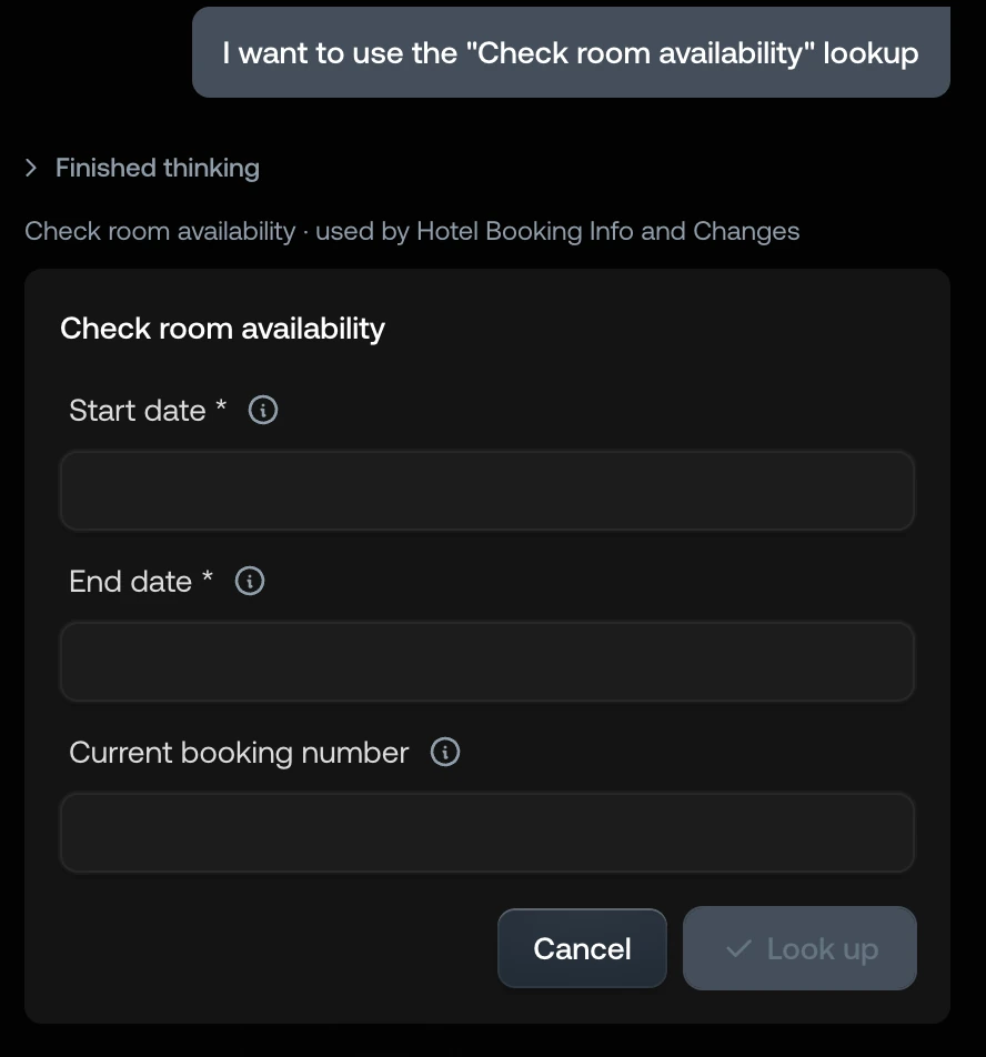 A lookup form in the Nova panel asking for a start date and an end date, with Cancel and Look up