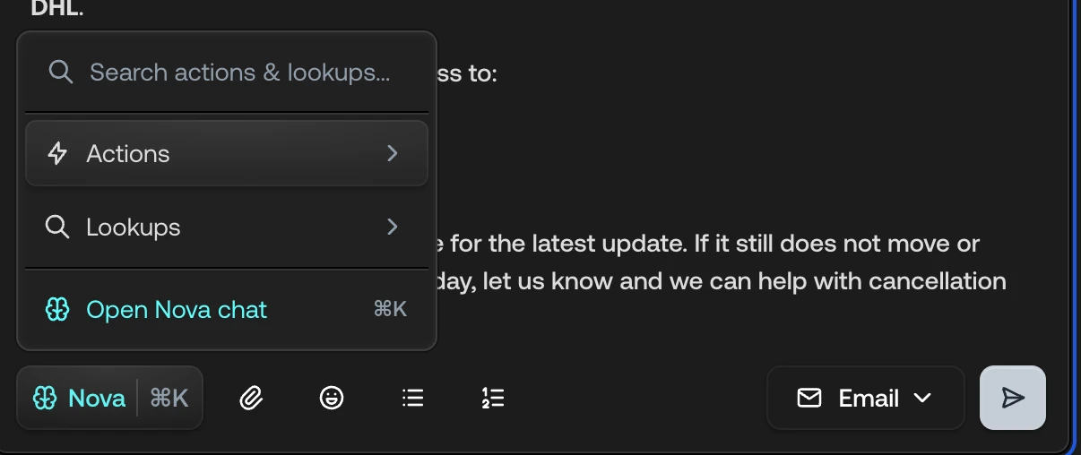 The Nova menu in the composer with Actions, Lookups, and Open Nova chat
