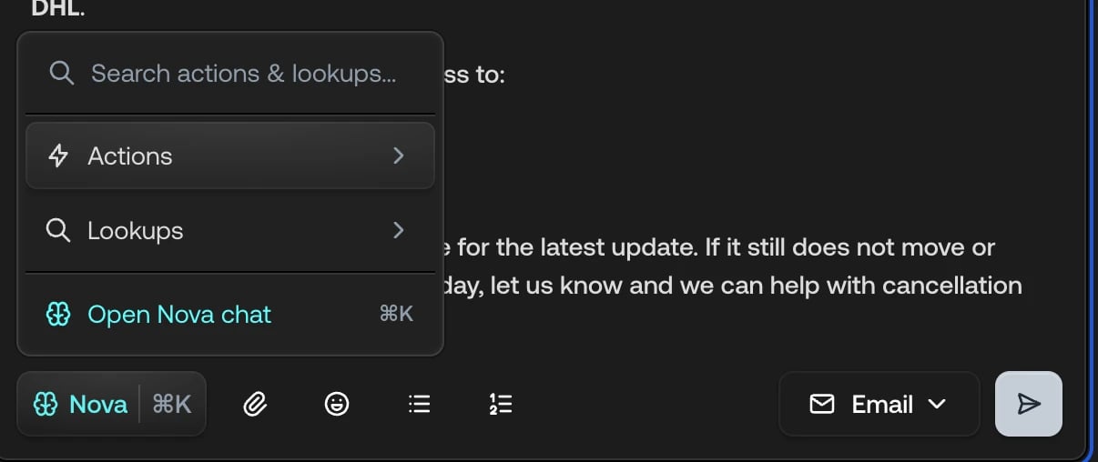 The Nova menu in the composer with Actions, Lookups, and Open Nova chat