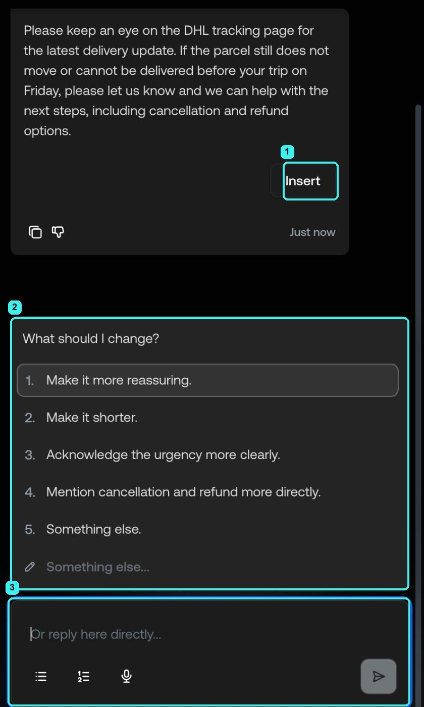 A Nova reply with reply text and an Insert button, followed by a question with numbered options