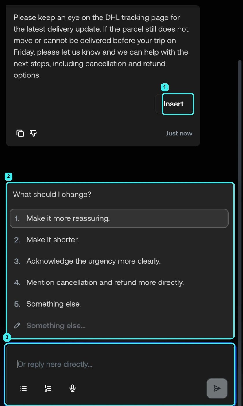 A Nova reply with reply text and an Insert button, followed by a question with numbered options