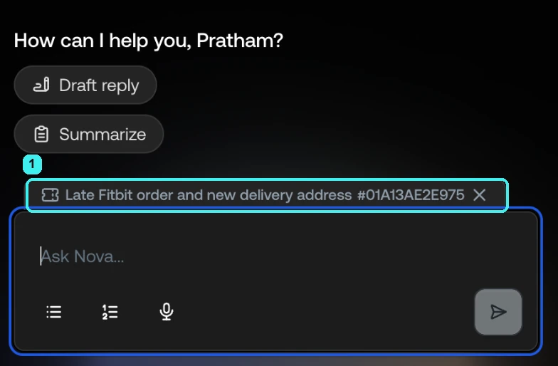 A new conversation in the panel: the greeting, the Draft reply and Summarize chips, and the ticket reference above the message box