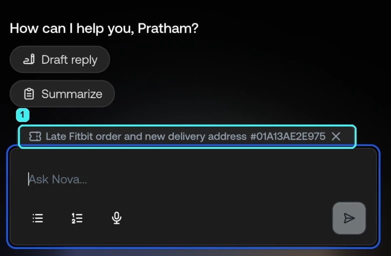 A new conversation in the panel: the greeting, the Draft reply and Summarize chips, and the ticket reference above the message box