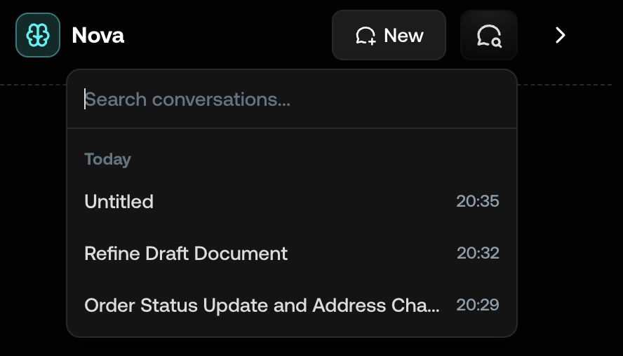The Past conversations list in the panel header, grouped by day with a search box