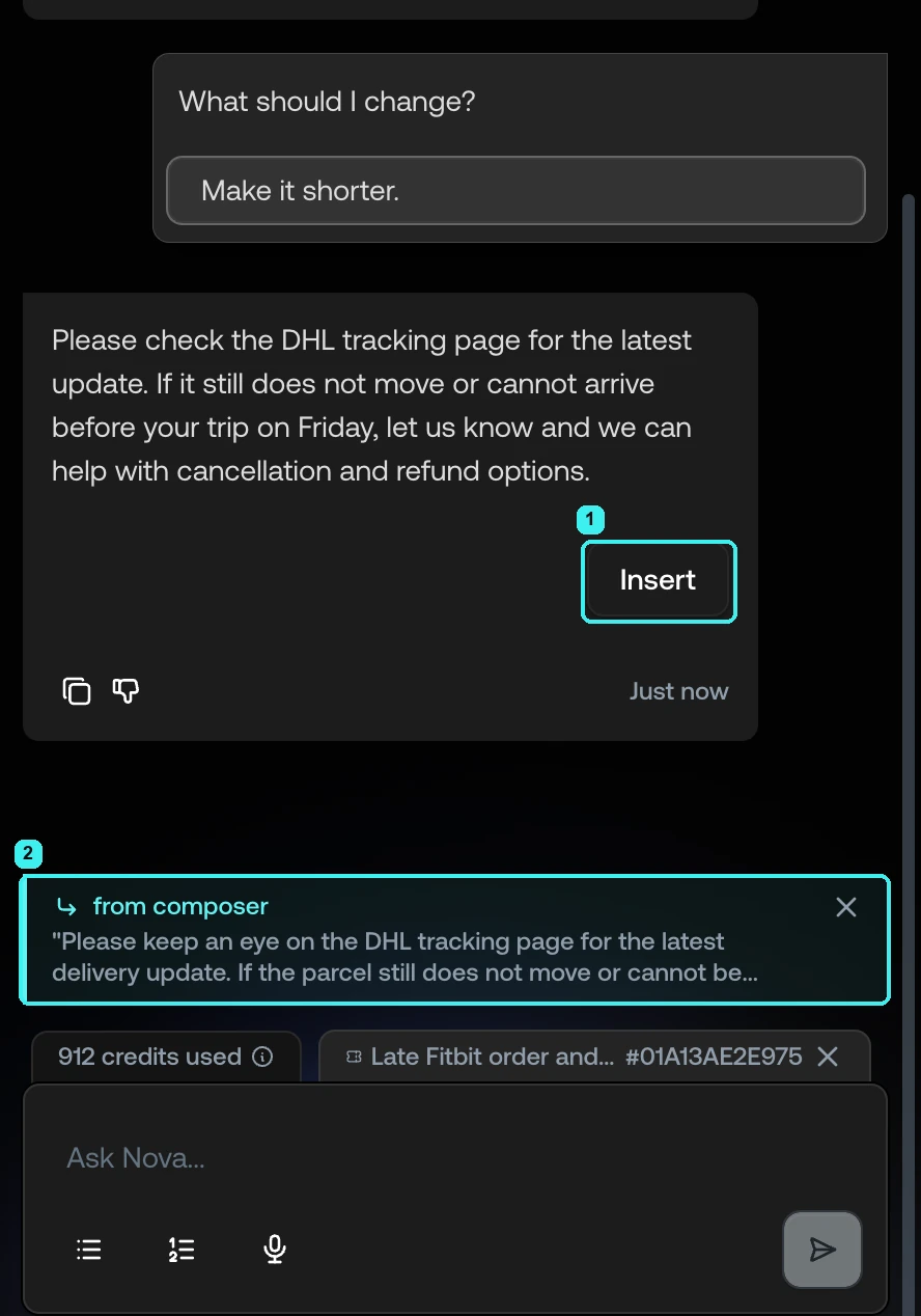 The Nova panel after picking "Make it shorter": a new version with an Insert button, and the passage from the composer above the message box