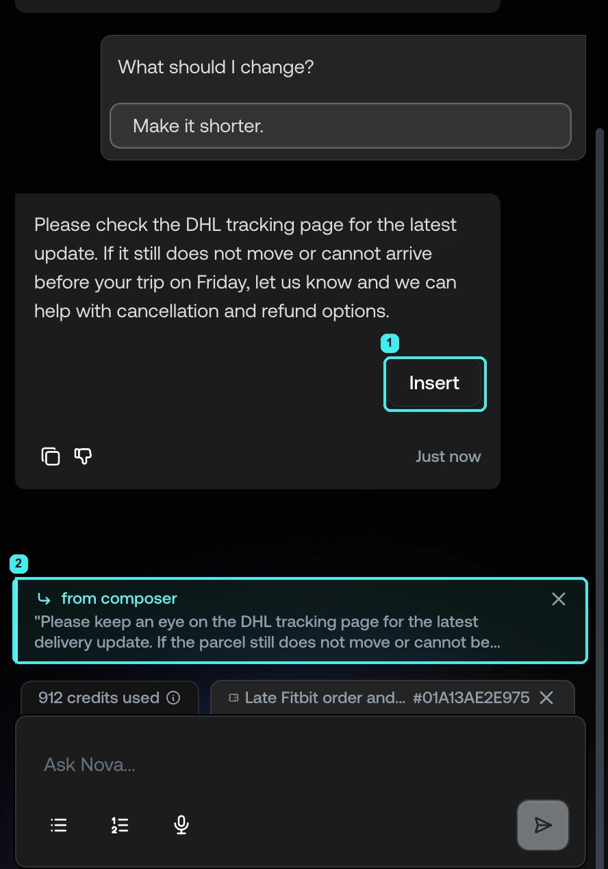 The Nova panel after picking "Make it shorter": a new version with an Insert button, and the passage from the composer above the message box