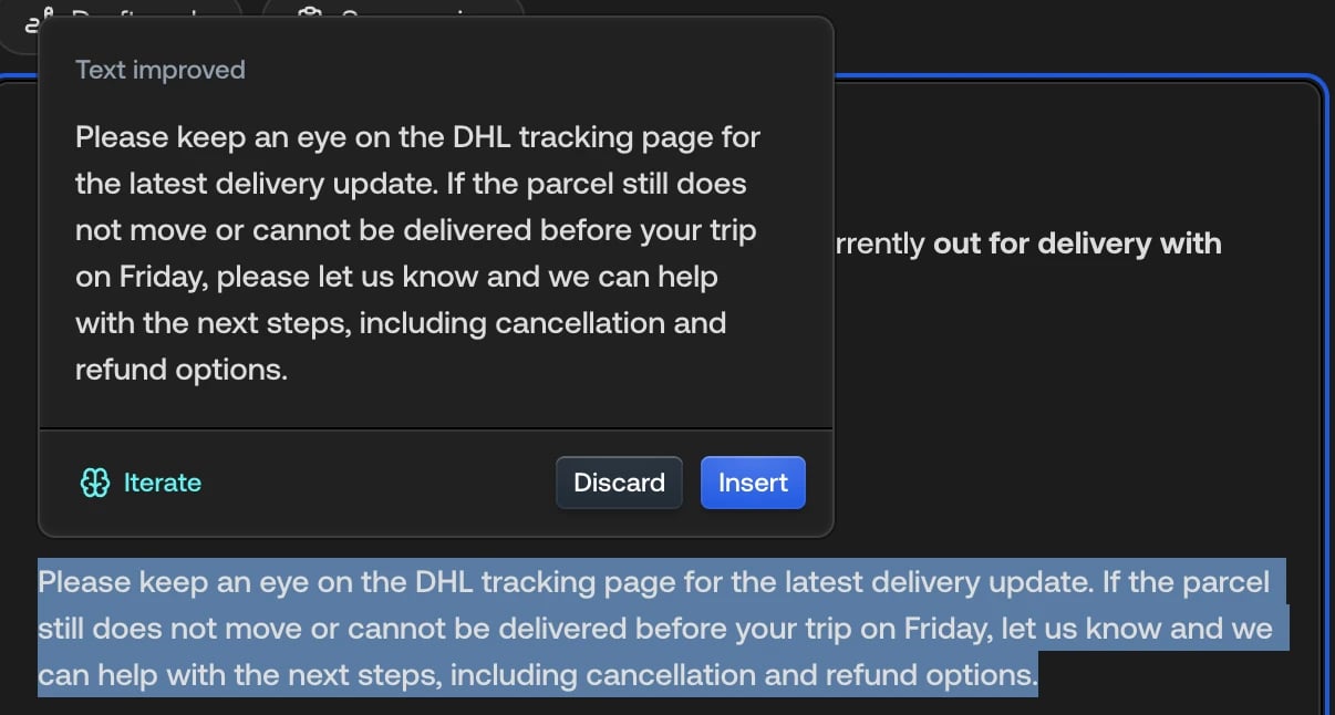 The rewrite popover with Iterate, Discard, and Insert