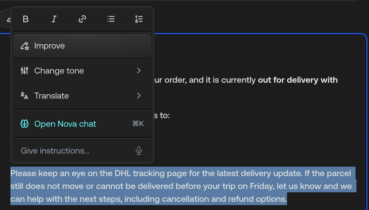 Nova's menu in the selection toolbar: Improve, Change tone, Translate, Open Nova chat, and the Give instructions field