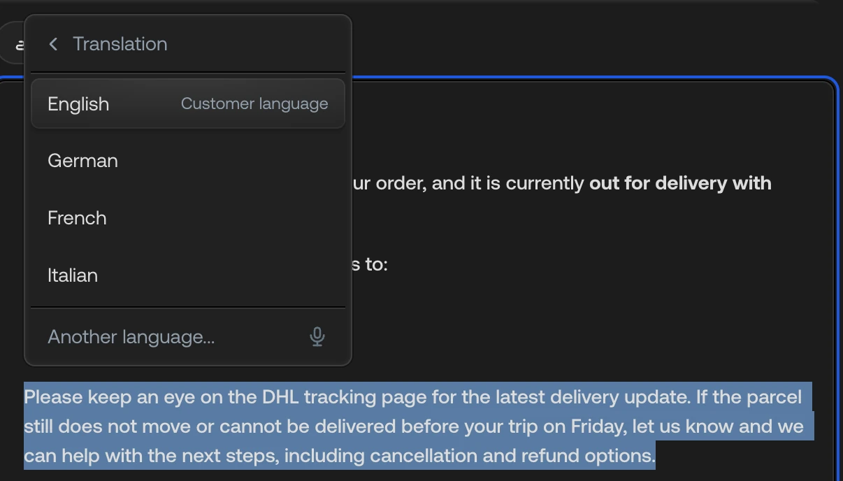 The Translation submenu with the customer's language first