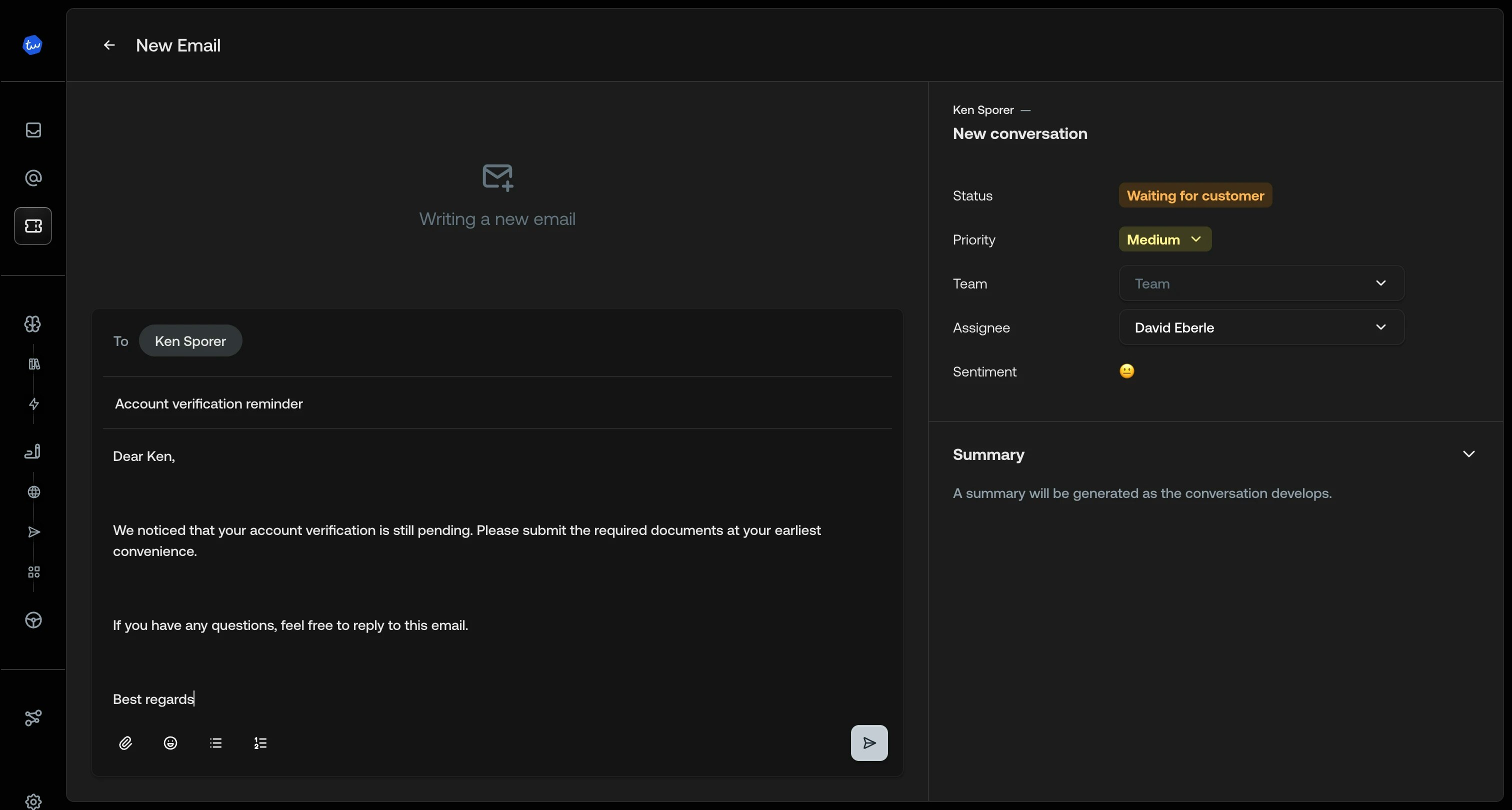 Composed email with recipient, subject, and body