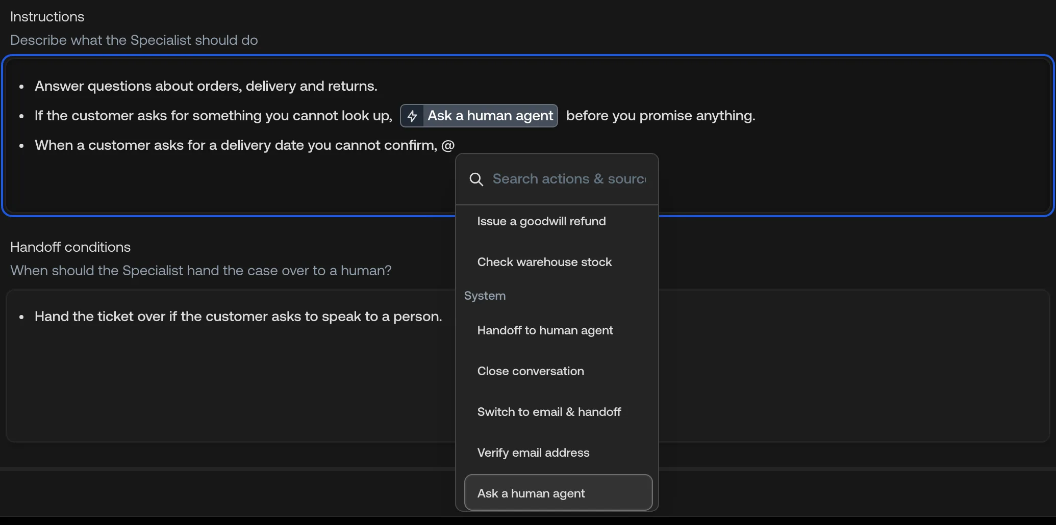 The @ picker open in a Specialist's instructions, with Ask a human agent highlighted in the System group