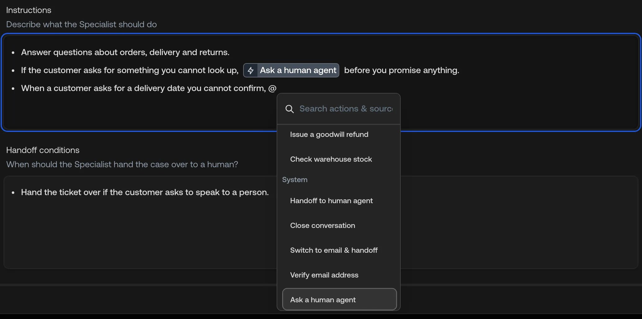 The @ picker open in a Specialist's instructions, with Ask a human agent highlighted in the System group