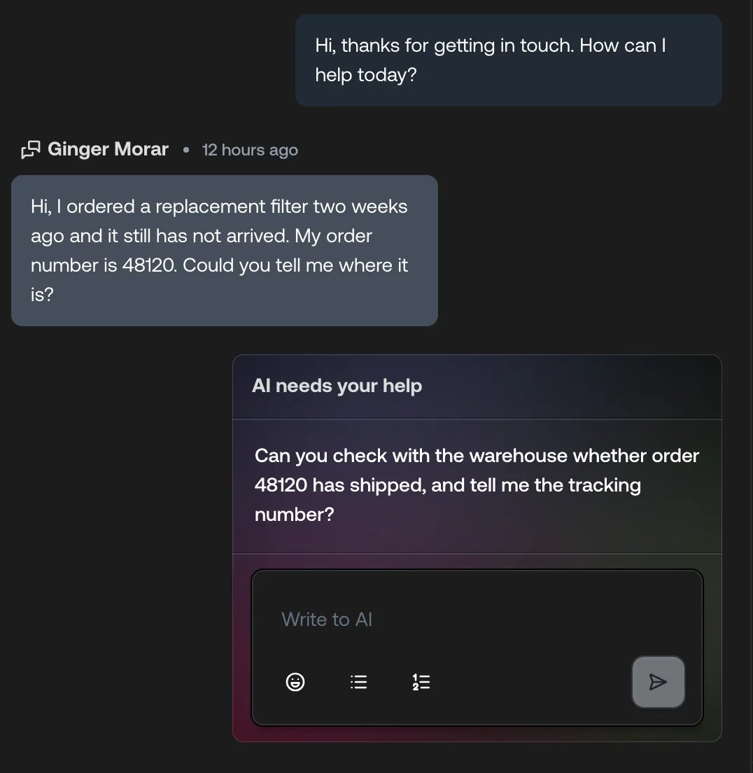 A pending request asking the agent for an answer, with an empty reply box