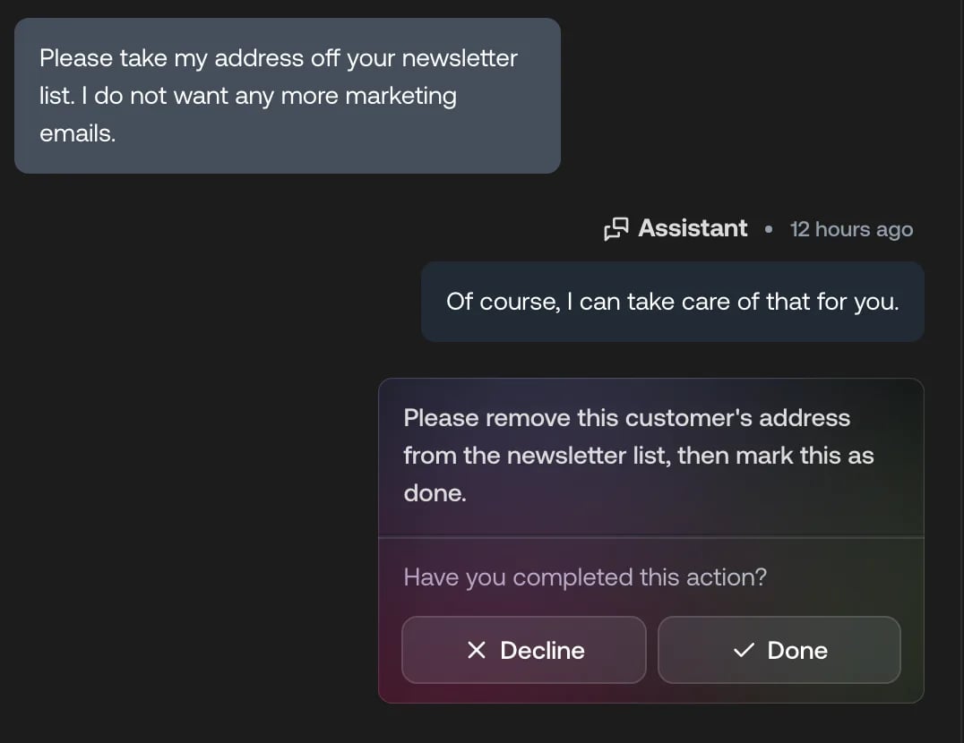 A pending request asking the agent to do a task, with Decline and Done buttons