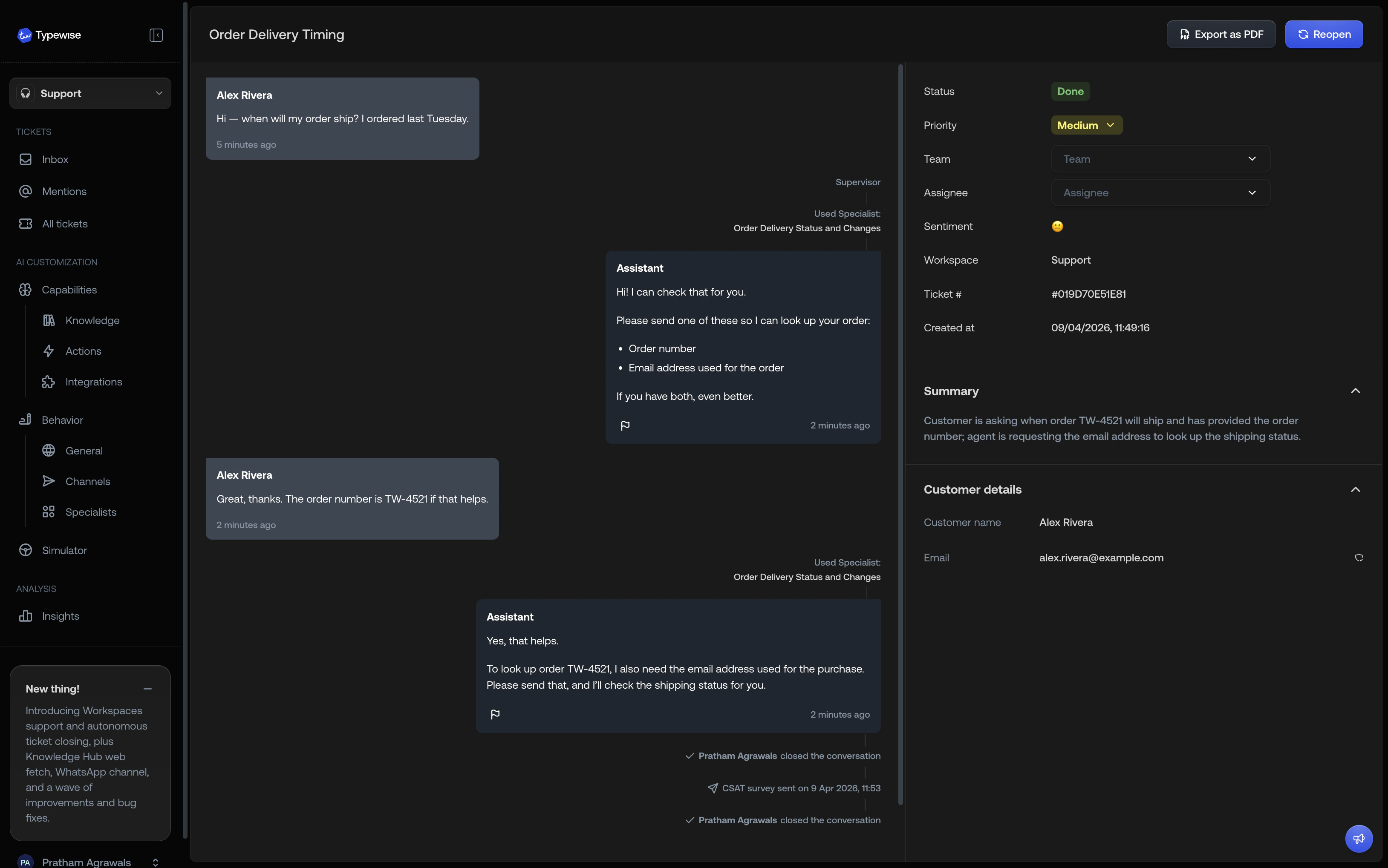 Export as PDF in the ticket header on a completed ticket