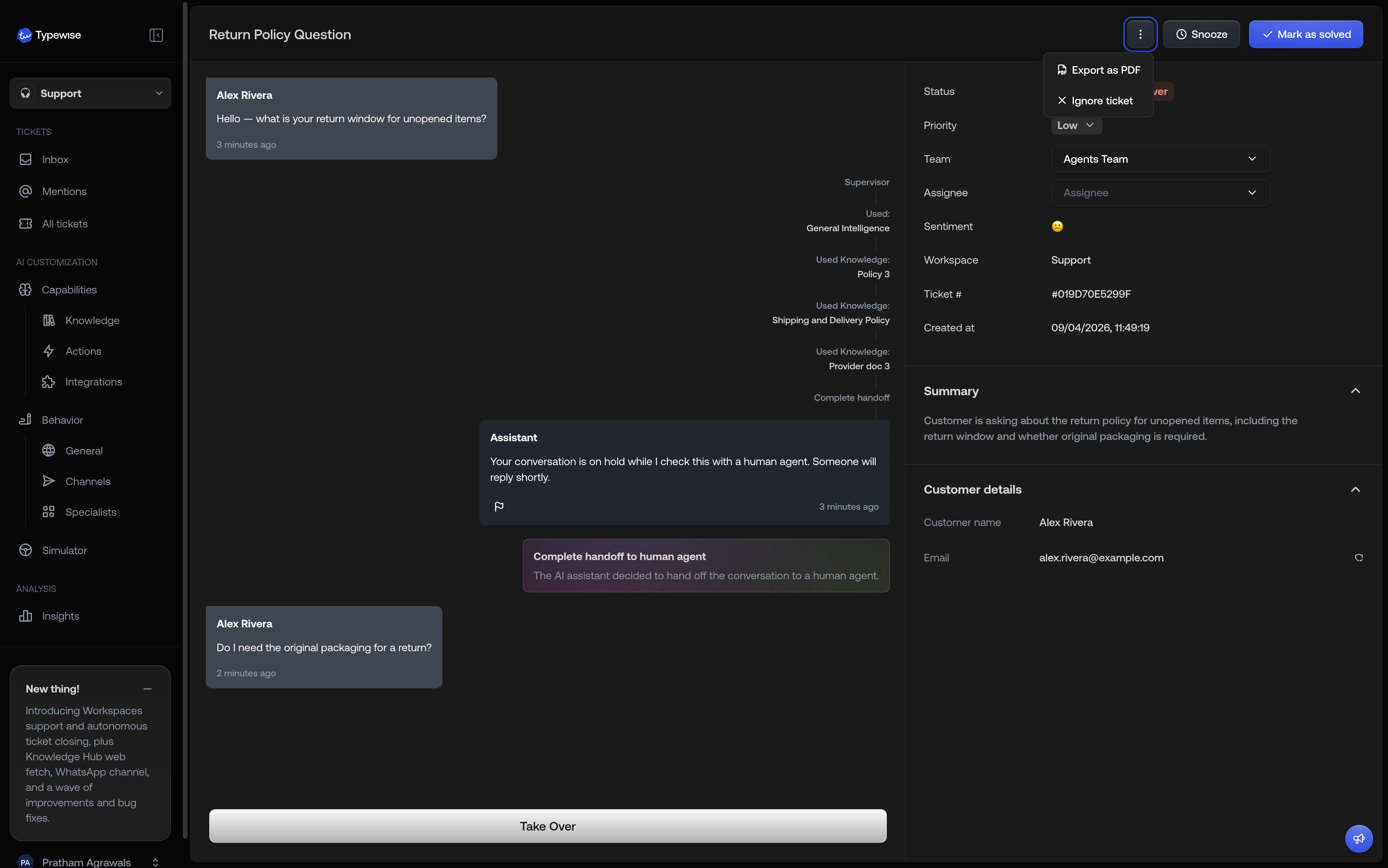 Export as PDF in the overflow menu on an active ticket