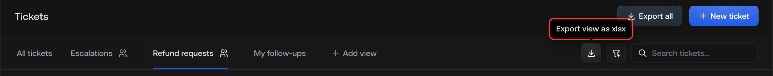 The download icon in the tab row, with its "Export view as xlsx" tooltip