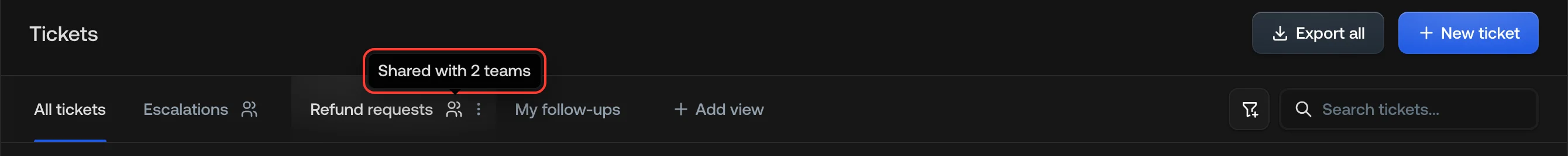 The people icon on a shared view's tab, with its "Shared with 2 teams" tooltip