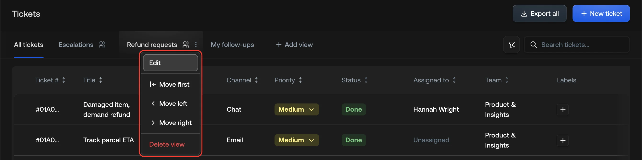 A view tab's menu, showing Edit, Move first, Move left, Move right, and Delete view