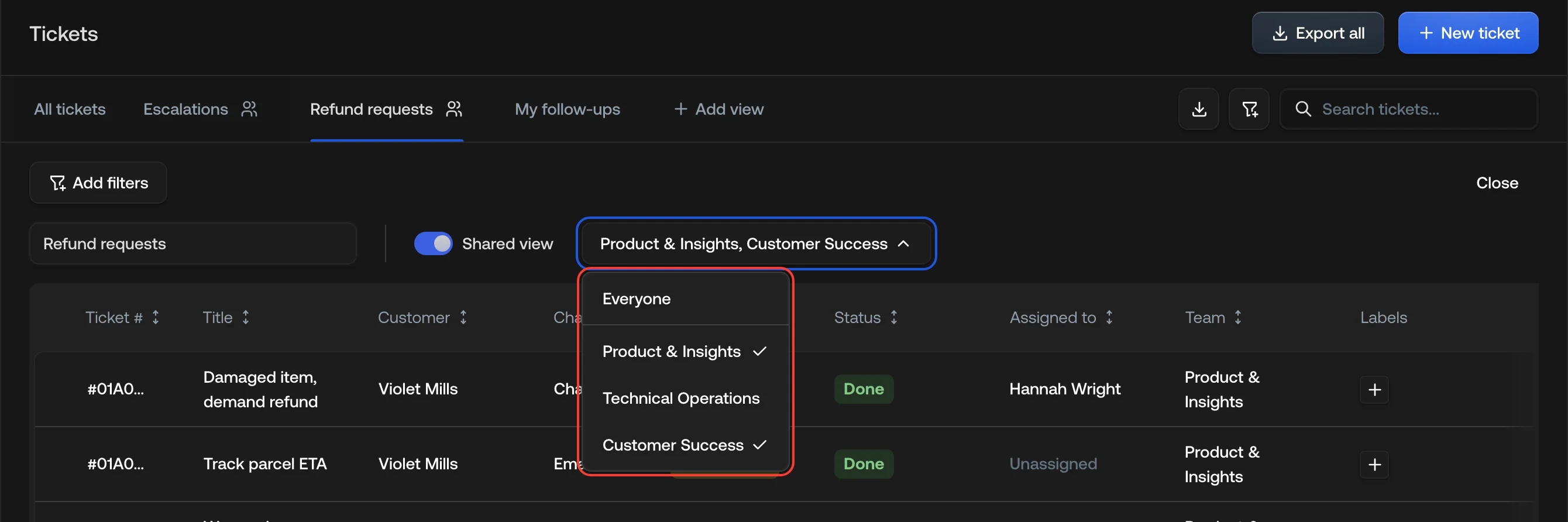 Team picker in the view editor, sharing a view with two teams