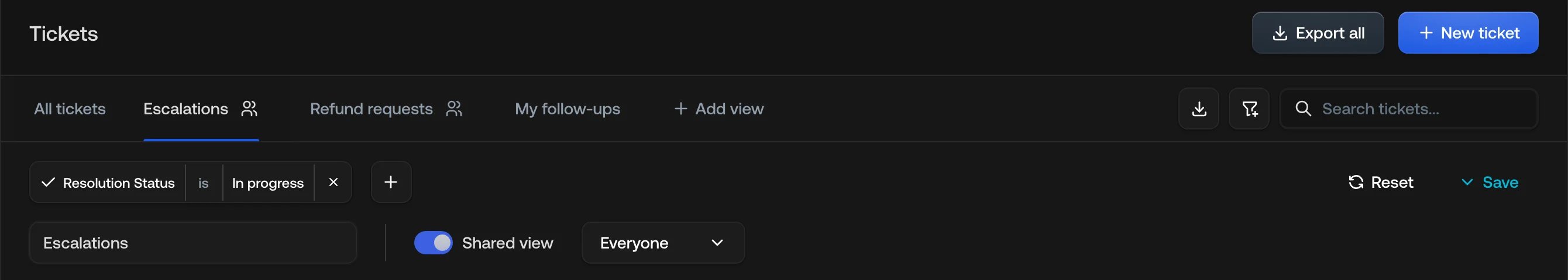 The view editor, with the view's name, the Shared view toggle, and the Everyone picker