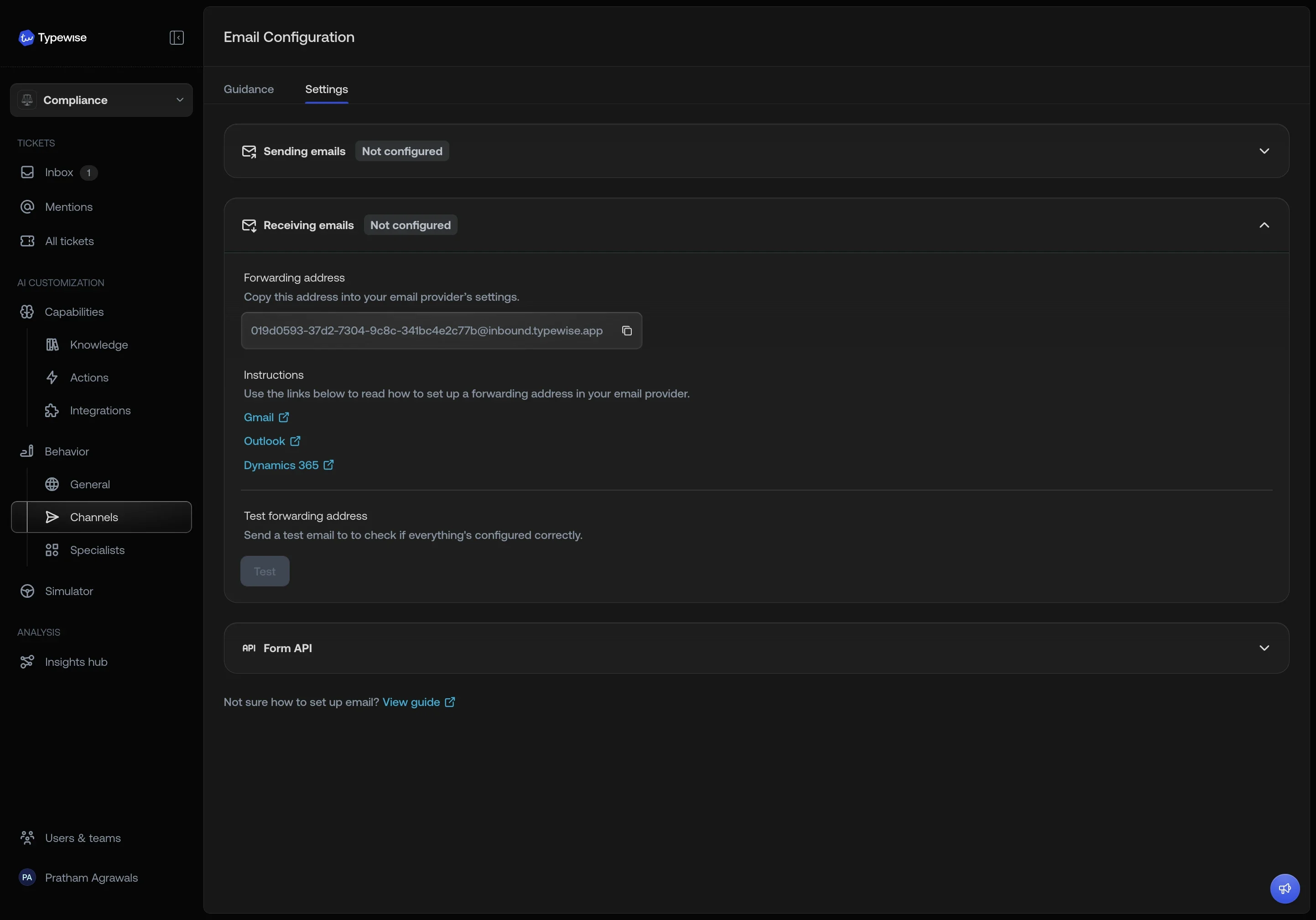 Forwarding address per workspace in Email channel settings