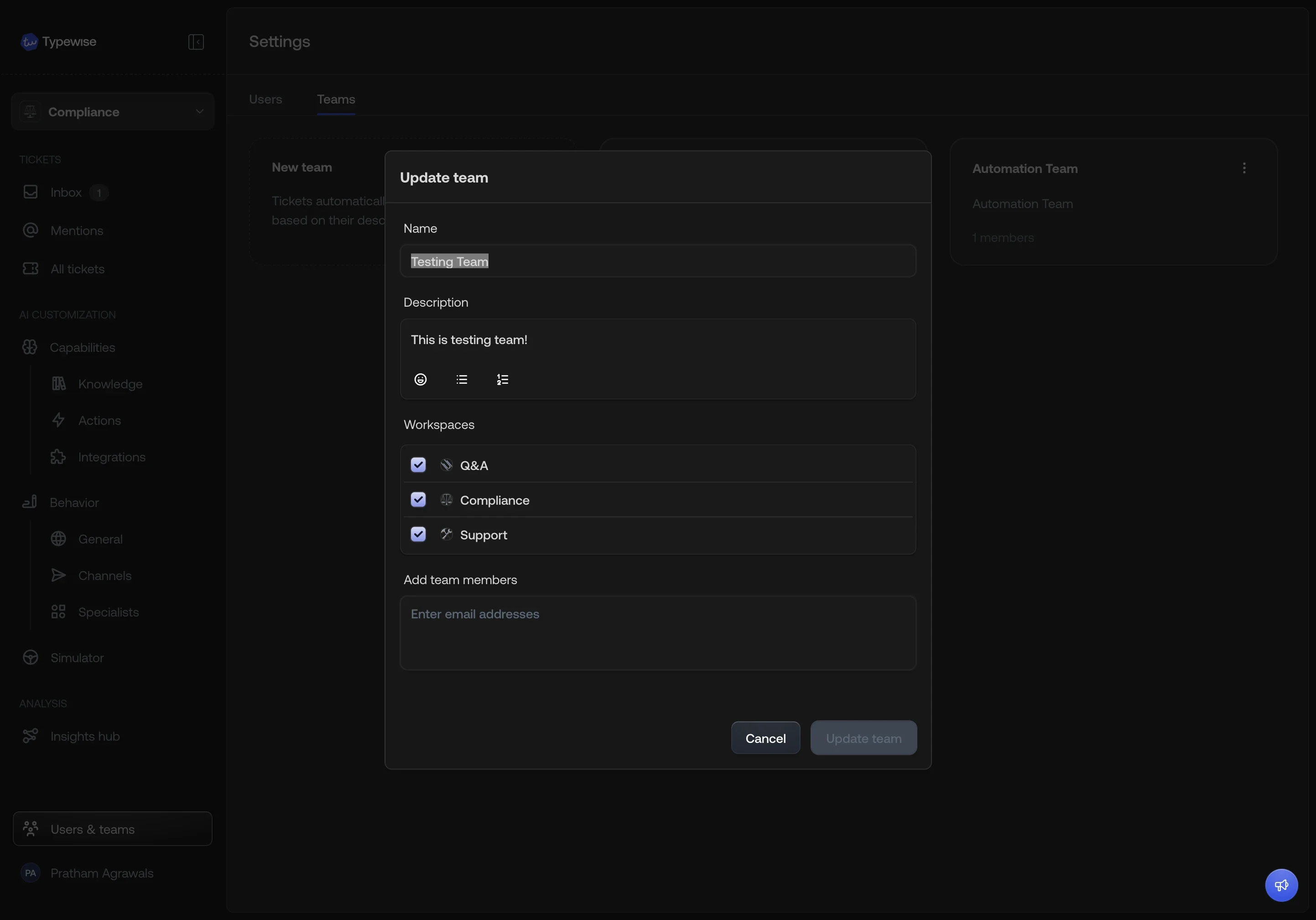 Team dialog with workspace assignment