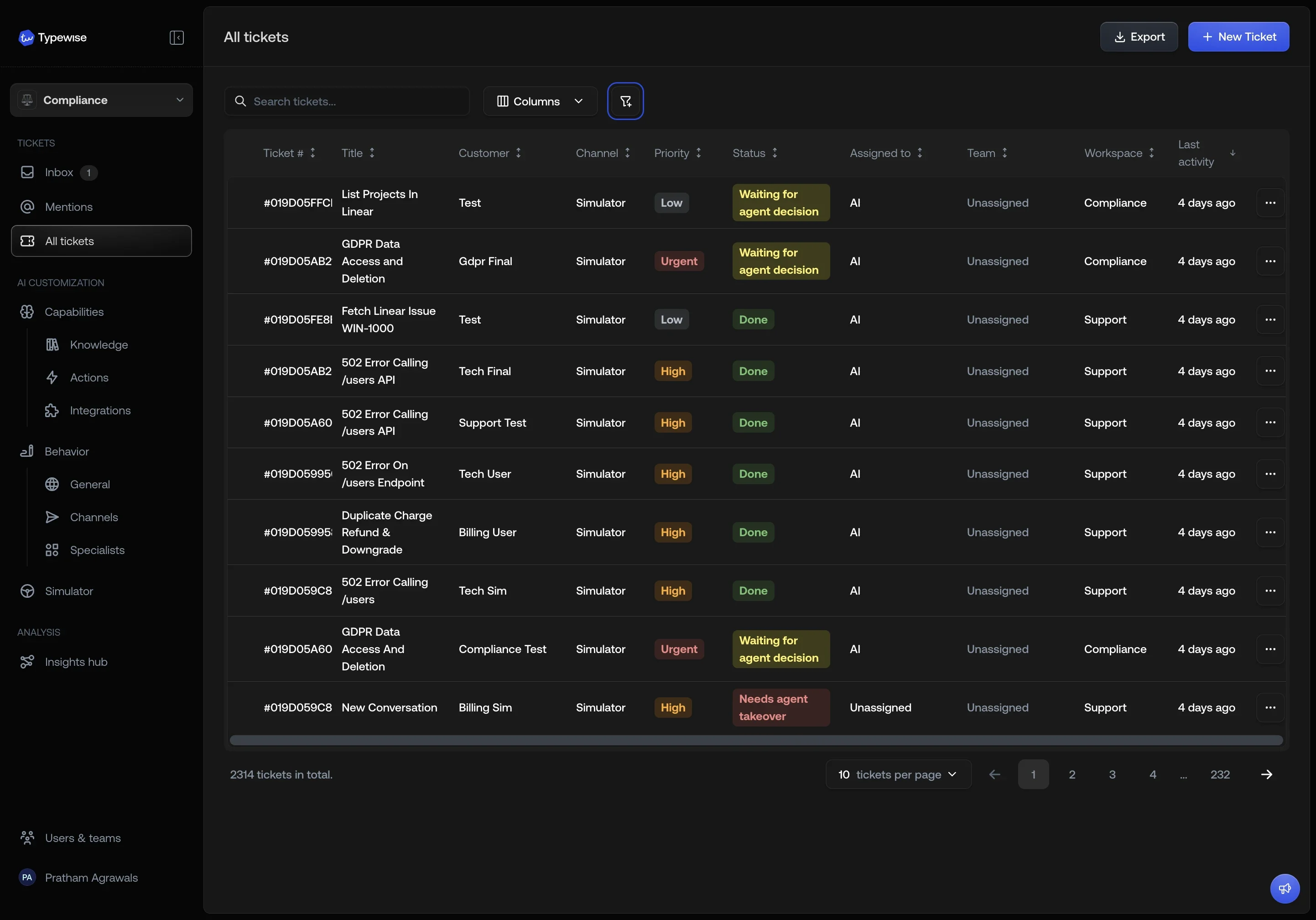 All tickets table with Workspace column