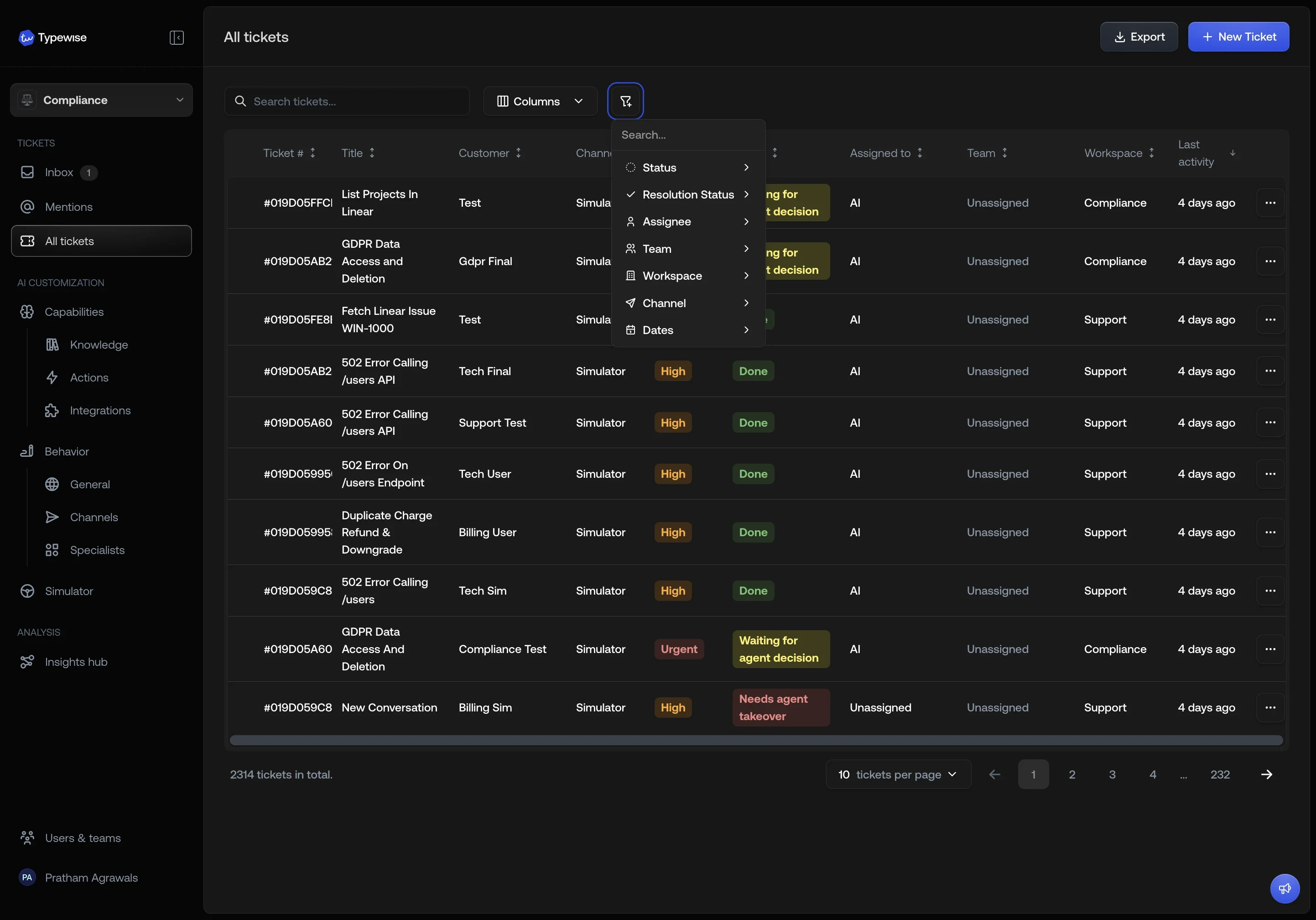 Add filter menu with Workspace