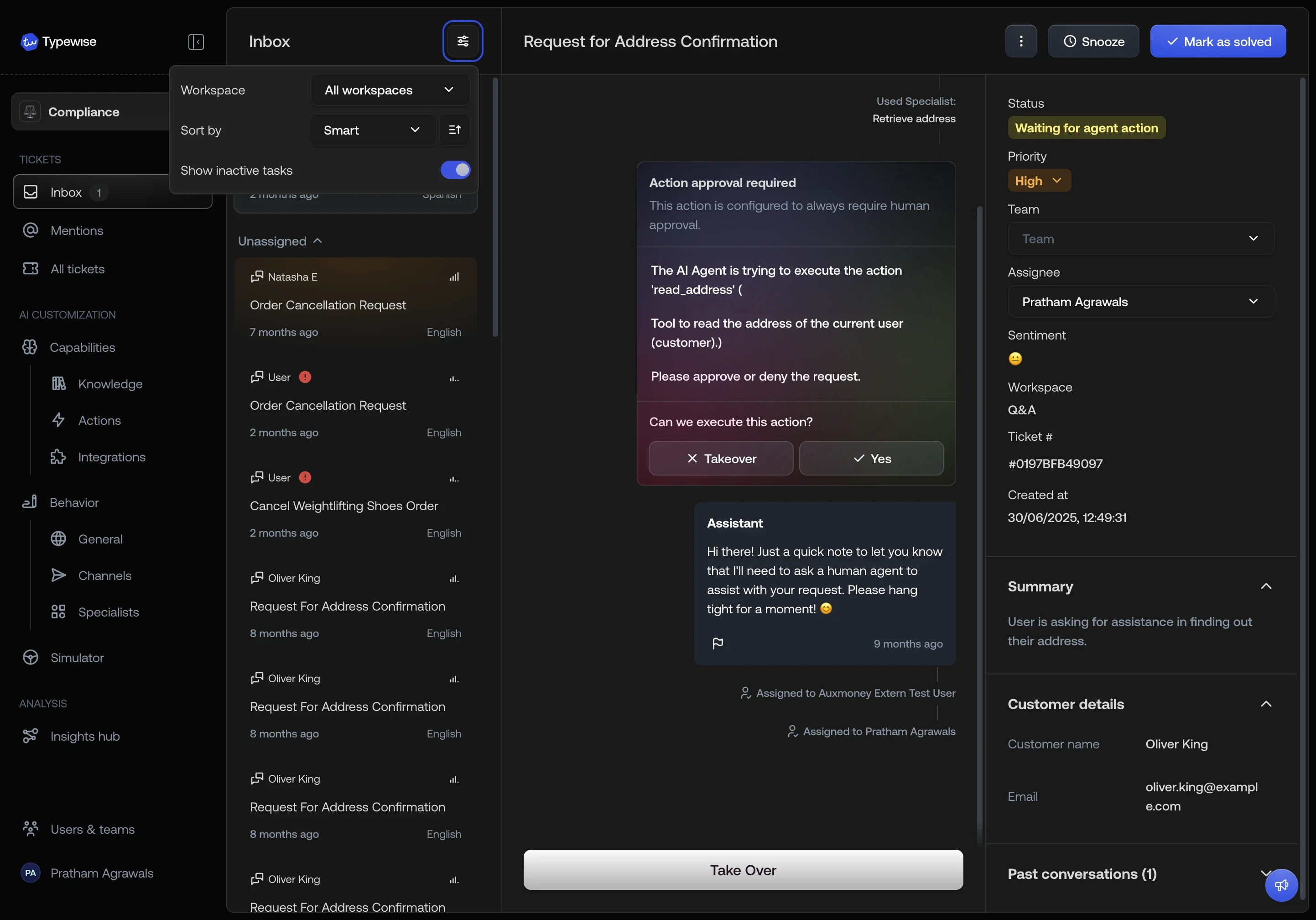 Inbox filter menu with workspace filter