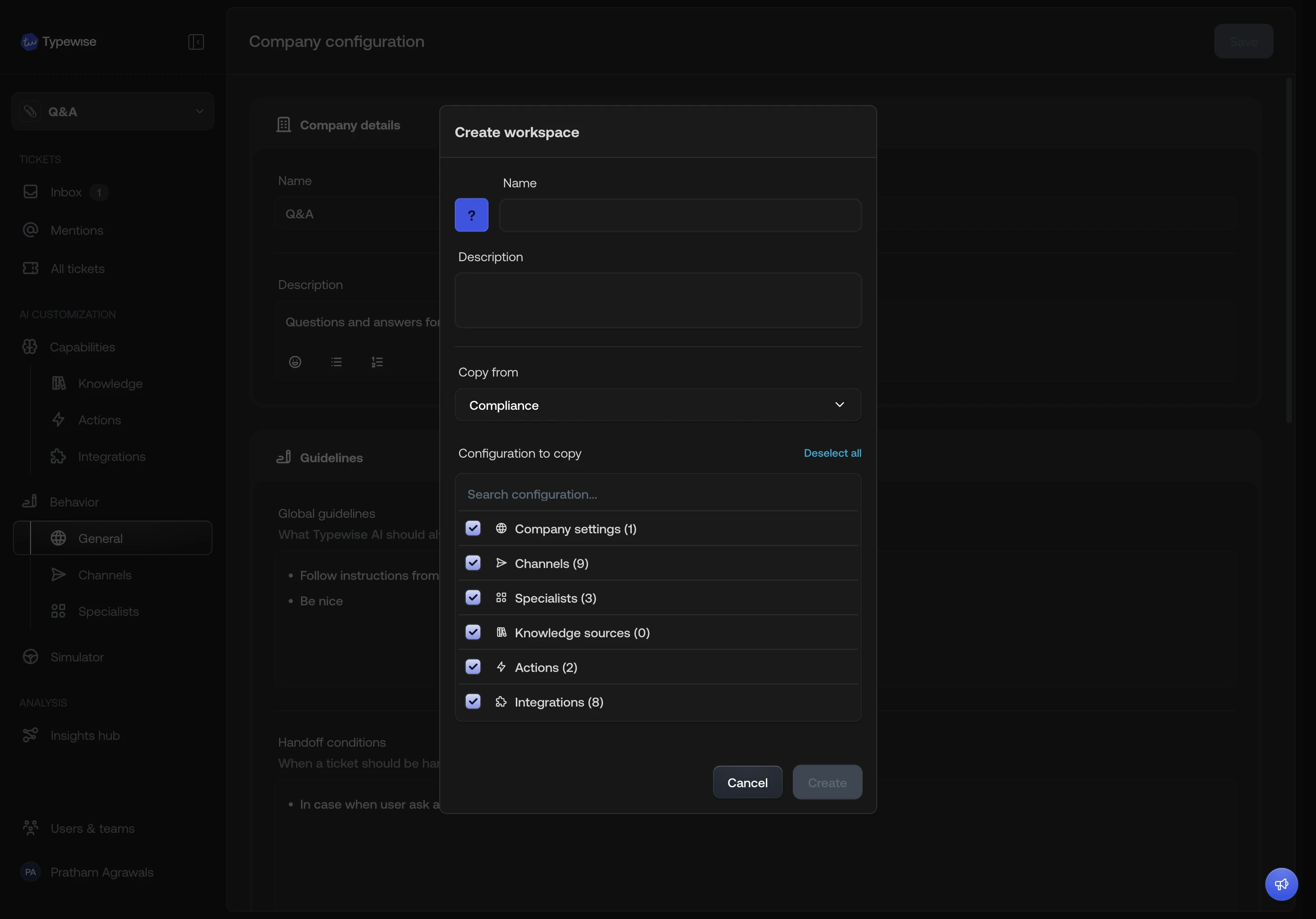 Create workspace dialog — copy from another workspace